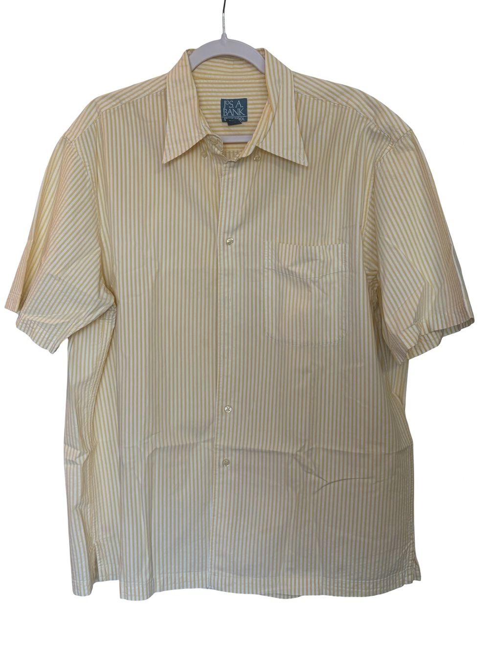 EUC Jos. A. Bank Stay Cool Short Sleeve Seersucker Yellow & White Shirt Large